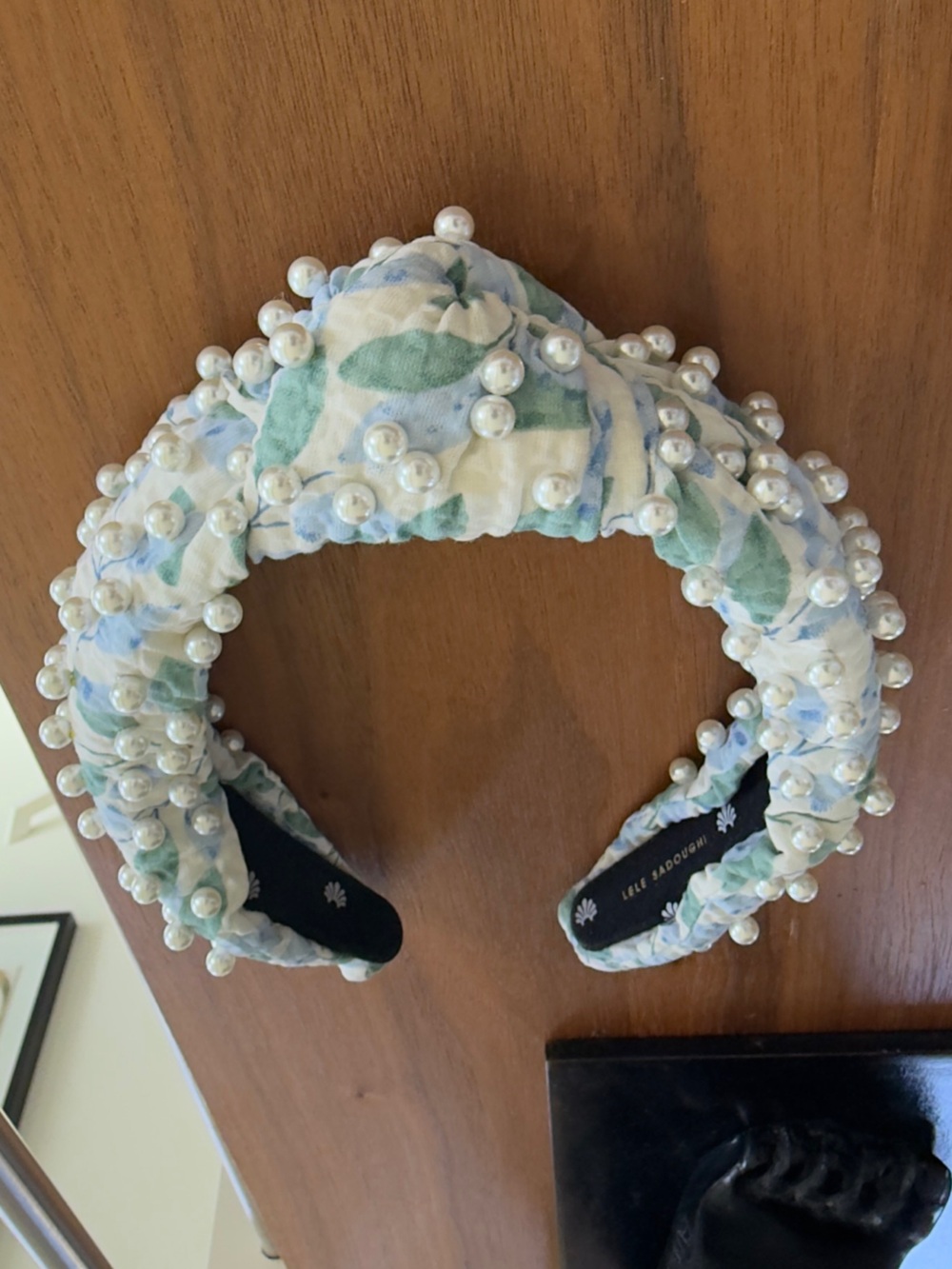 Lele Sadoughi-Embellished Floral Padded Headband - Blue & Green & White